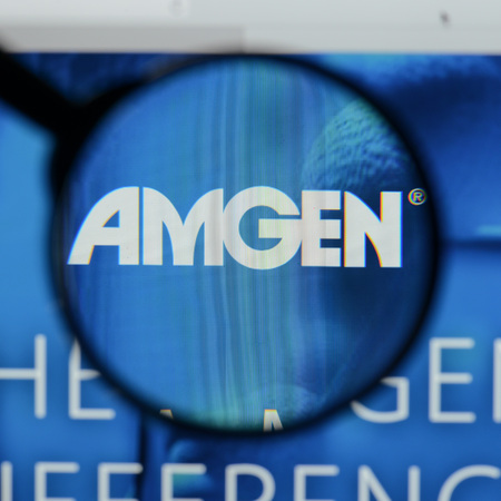 Milan, Italy - August 10, 2017: amgen website homepage. It is an American multinational biopharmaceutical company. amgen logo visible.のeditorial素材
