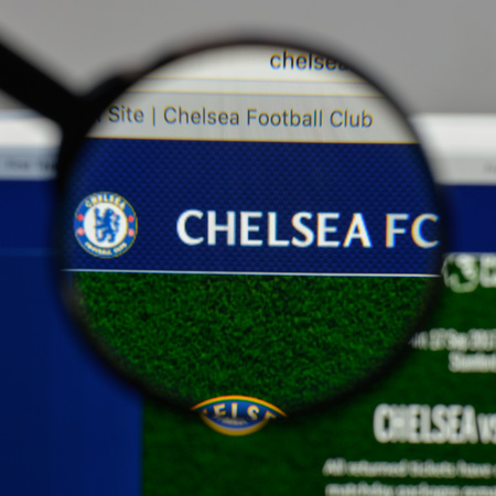 Milan, Italy - August 10, 2017: Chelsea FC logo on the website homepage.のeditorial素材