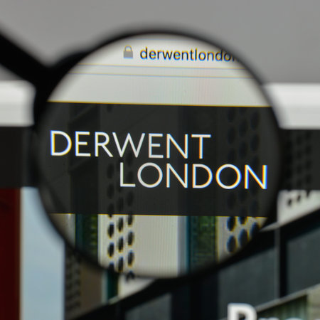 Milan, Italy - August 10, 2017: Derwent London PLC logo on the website homepage.