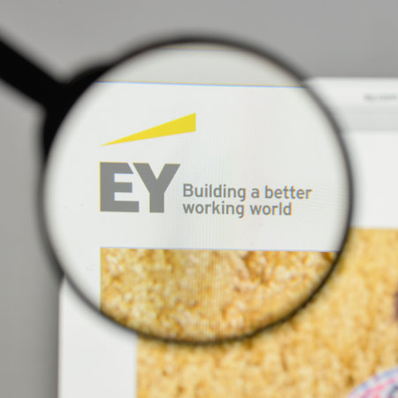 Milan, Italy - August 10, 2017: EY logo on the website homepage.