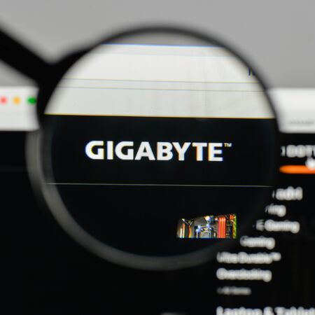 Milan, Italy - August 10, 2017: Gigabyte logo on the website homepage.のeditorial素材