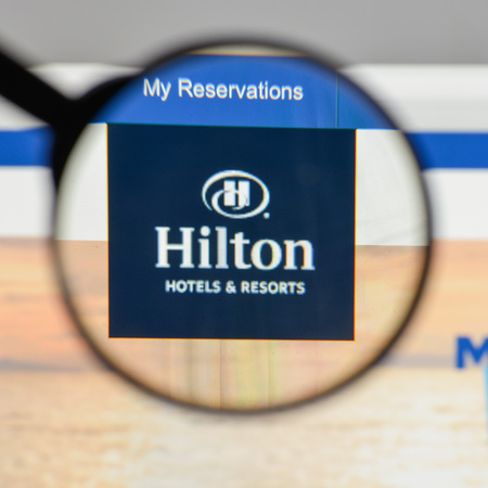 Milan, Italy - August 10, 2017: Hilton logo on the website homepage.のeditorial素材