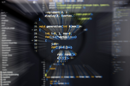 Real c  c code developing screen. Programing workflow abstract algorithm concept. Lines of c  c code visible under magnifying lens with moviment effect.の写真素材
