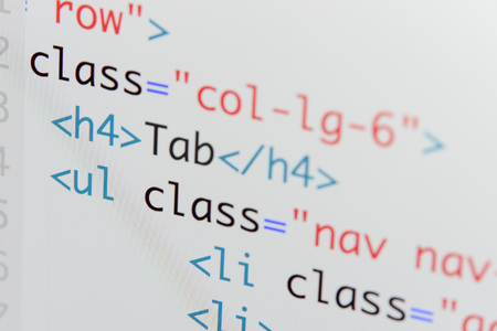 Real Html code developing screen. Programing workflow abstract algorithm concept. Lines of Html code visible.の写真素材
