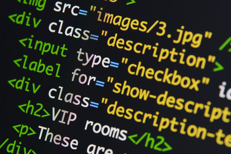 Real Html code developing screen. Programing workflow abstract algorithm concept. Lines of Html code visible.の写真素材