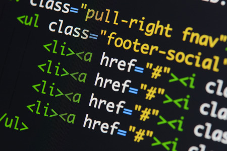 Real Html code developing screen. Programing workflow abstract algorithm concept. Lines of Html code visible.の写真素材