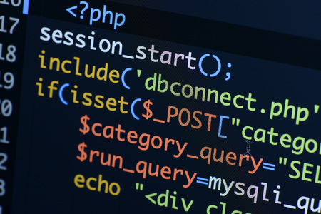 Real Php code developing screen. Programing workflow abstract algorithm concept. Lines of Php code visible.の写真素材
