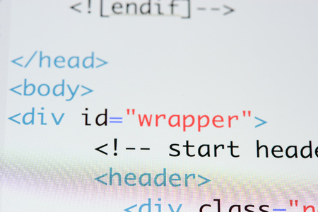 Real Html code developing screen. Programing workflow abstract algorithm concept. Lines of Html code visible.の写真素材