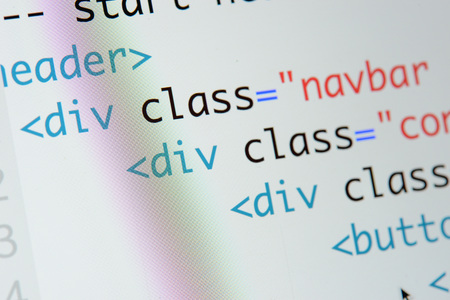 Real Html code developing screen. Programing workflow abstract algorithm concept. Lines of Html code visible.の写真素材