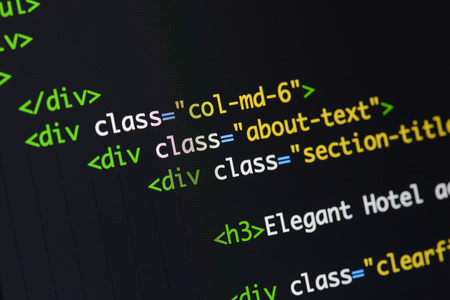 Real Html code developing screen. Programing workflow abstract algorithm concept. Lines of Html code visible.の写真素材