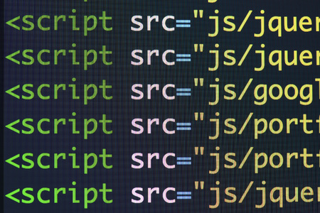 Real Html code developing screen. Programing workflow abstract algorithm concept. Lines of Html code visible.の写真素材