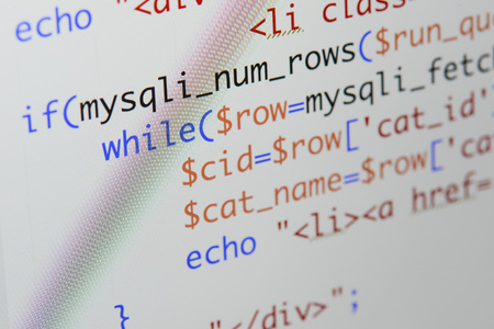 Real Php code developing screen. Programing workflow abstract algorithm concept. Lines of Php code visible.の写真素材