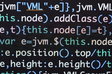 Real Java Script code developing screen. Programing workflow abstract algorithm concept. Closeup of Java Script and HTML code.の写真素材