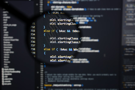 Real Java Script code developing screen. Programing workflow abstract algorithm concept. Closeup of Java Script and HTML code.の写真素材