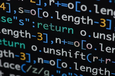 Real Java Script code developing screen. Programing workflow abstract algorithm concept. Closeup of Java Script and HTML code.の写真素材