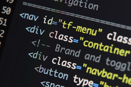Real Html code developing screen. Programing workflow abstract algorithm concept. Lines of Html code...