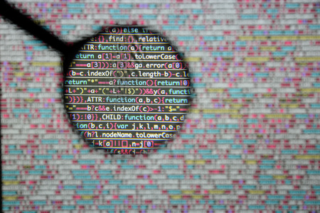 Real Java Script code developing screen. Programing workflow abstract algorithm concept. Closeup of Java Script and HTML code.の写真素材