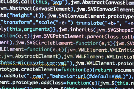 Real Java Script code developing screen. Programing workflow abstract algorithm concept. Closeup of Java Script and HTML code.の写真素材