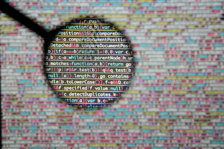 Real Java Script code developing screen. Programing workflow abstract algorithm concept. Closeup of Java Script and HTML code.の写真素材
