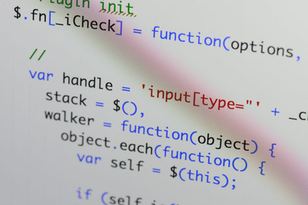 Real Java Script code developing screen. Programing workflow abstract algorithm concept. Closeup of...