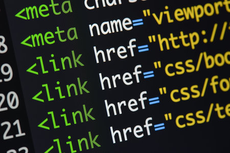 Real Html code developing screen. Programing workflow abstract algorithm concept. Lines of Html code...
