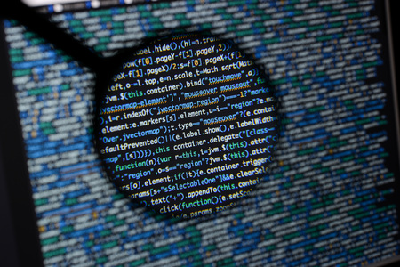 Real Java Script code developing screen. Programing workflow abstract algorithm concept. Closeup of Java Script and HTML code.の写真素材