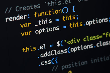 Real Java Script code developing screen. Programing workflow abstract algorithm concept. Closeup of...