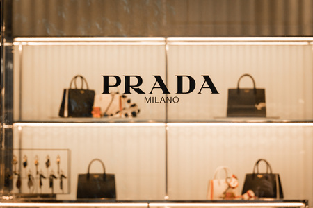 Milan, Italy - October 8, 2016: Window and entrance of a Prada shop in Milan - Montenapoleone area, Italy. Few days after Milan Fashion Week. Fall Winter 2017 Collection.のeditorial素材