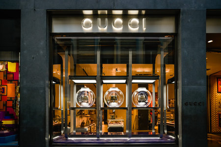 Milan, Italy - September 24, 2017:  Gucci store in Milan. Fashion week Gucci shopping