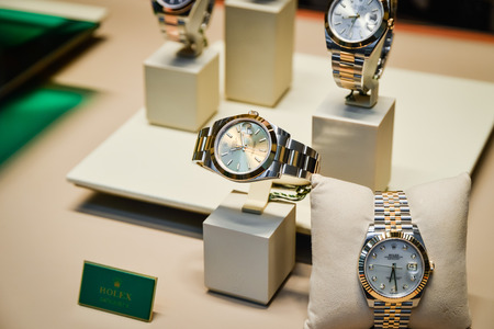 Milan, Italy - September 24, 2017:  Rolex watches in a store in Milan. Fashion week Rolex shoppingのeditorial素材