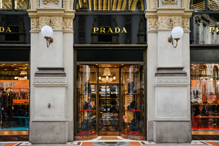 Milan, Italy - September 24, 2017:  Prada store in Milan. Fashion week Prada shoppingのeditorial素材