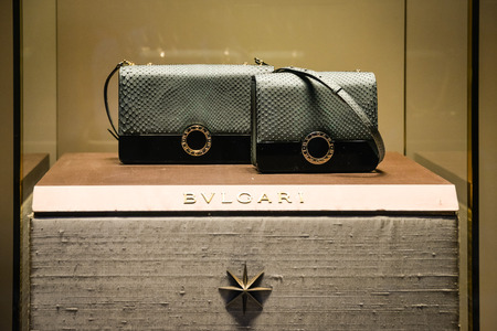 Milan, Italy - September 24, 2017:  Bulgari store in Milan. Fashion week Bvlgari shoppingのeditorial素材