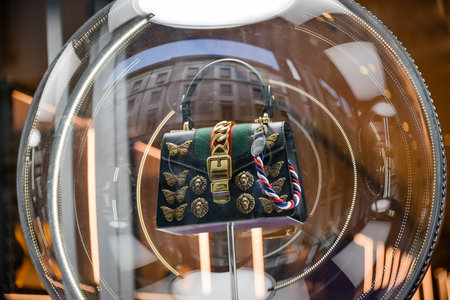 Milan, Italy - September 24, 2017:  Gucci store in Milan. Fashion week Gucci shopping