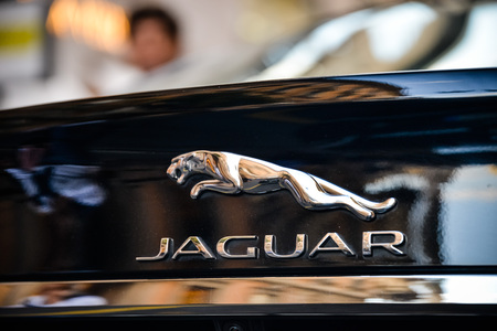 Milan, Italy - September 24, 2017:  Jaguar logo on a black sport Jaguar carのeditorial素材