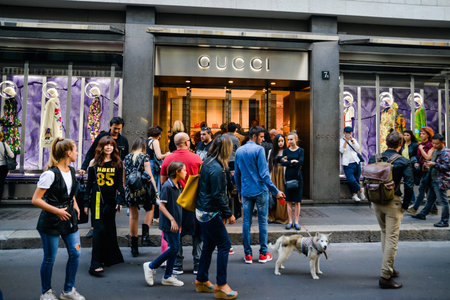 Milan, Italy - September 24, 2017:  Gucci store in Milan. Fashion week Gucci shopping