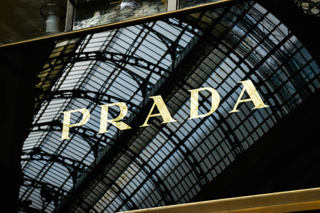 Milan, Italy - September 24, 2017:  Prada store in Milan. Fashion week Prada shoppingのeditorial素材