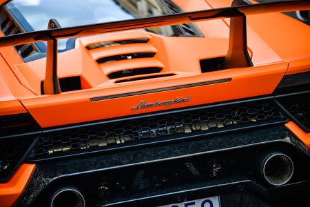 Milan, Italy - September 24, 2017:  Lamborghini car in Montenapoleone street. Lamborghini logo visibleのeditorial素材