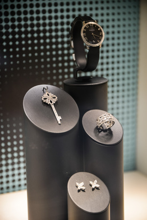 Milan, Italy - September 24, 2017:  Tiffany jewels in a store in Milan. Fashion week Tiffany shoppingのeditorial素材