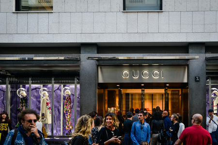 Milan, Italy - September 24, 2017:  Gucci store in Milan. Fashion week Gucci shoppingのeditorial素材