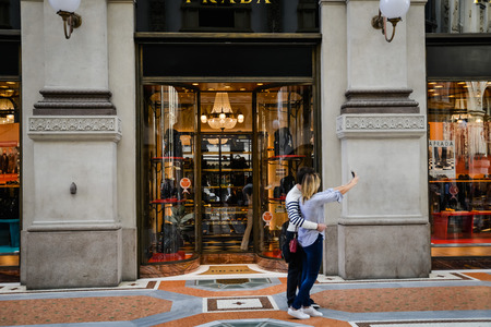 Milan, Italy - September 24, 2017:  Prada store in Milan. Fashion week Prada shoppingのeditorial素材