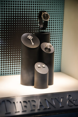 Milan, Italy - September 24, 2017:  Tiffany jewels in a store in Milan. Fashion week Tiffany...