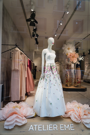 Milan, Italy - February 28, 2017: Shop window of a Atelier EME shop in Milan - Montenapoleone area, Italy. Few days after Milan Fashion Week. Spring Summer 2017 Collection. Atelier EME logoのeditorial素材