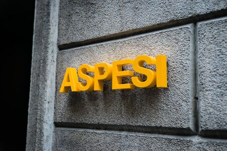 Milan, Italy - February 28, 2017: Shop window of a Aspesi logo on a Aspesi store in Milanのeditorial素材