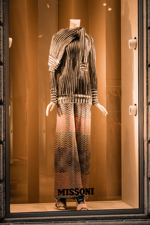 Milan, Italy - October 8, 2016: Window of a Missoni shop in Milan - Montenapoleone area, Italy. Few days after Milan Fashion Week. Fall Winter 2017 Collection.のeditorial素材