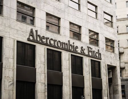 Milan, Italy - February 28, 2017: Shop window of a Abercrombie and Fitch shop in Milan - Montenapoleone area, Italy. Few days after Milan Fashion Week. Spring Summer 2017 Collection. Abercrombie and Fitch logoのeditorial素材