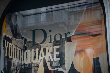 Milan, Italy - September 21, 2018: Dior store in Milan. Montenapoleone area. Fashion week Dior shopping.のeditorial素材
