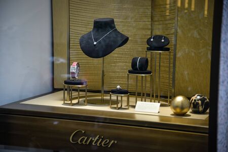 Milan, Italy - September 21, 2018: Cartier store in Milan. Montenapoleone area. Fashion week Cartier shopping.のeditorial素材