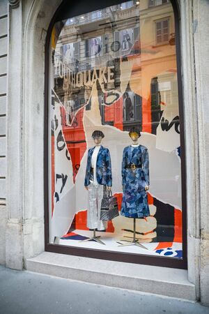 Milan, Italy - September 21, 2018: Dior store in Milan. Montenapoleone area. Fashion week Dior shopping.のeditorial素材
