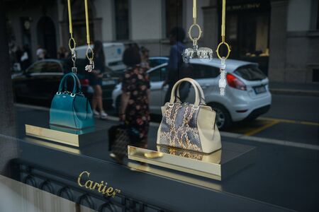 Milan, Italy - September 21, 2018: Cartier store in Milan. Montenapoleone area. Fashion week Cartier shopping.のeditorial素材