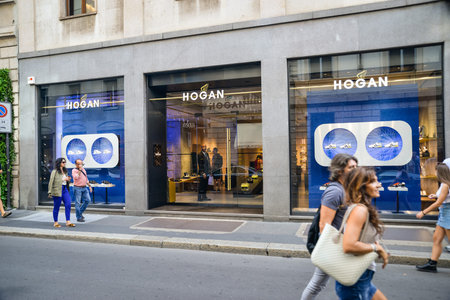 Milan, Italy - September 21, 2018: Hogan store in Milan. Montenapoleone area. Fashion week Hogan...